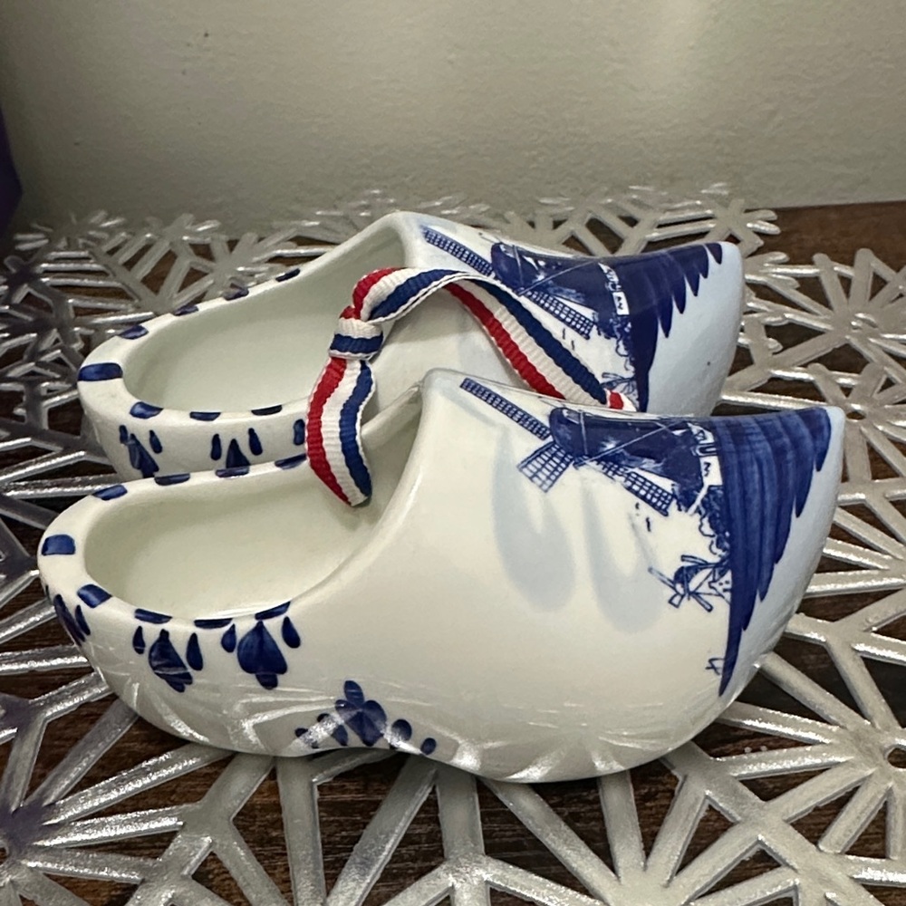 Vintage pair 5” Holland Delft Blue Ceramic Clog Shoes/ Hand Painted